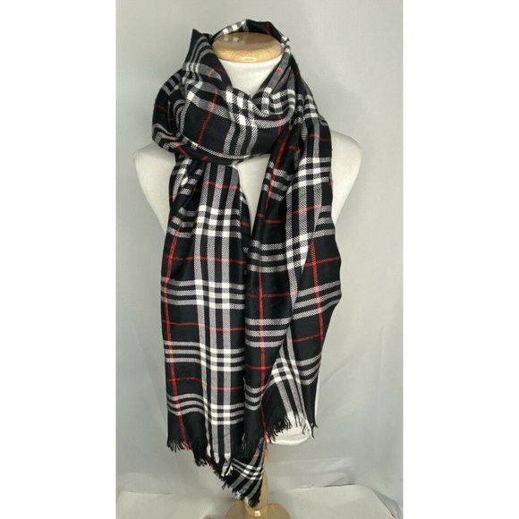 Burberry Accessories - Burberry London Black White Red Plaid Long Scarf